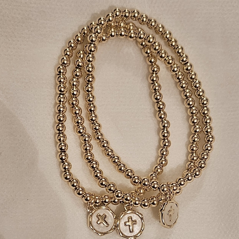 Gold Filled Stack Of Beaded Bracelets; Set Of Three; Cross Charm; Stretchy